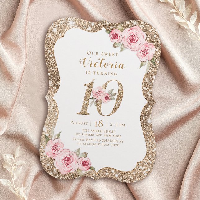 Convites Minúscula cintilação de ouro e 10 anos florais (Sparkle faux gold glitter and floral 10th birthday invitation)