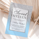 Convites Minúsculo cintilação prateada elegante azul de gel<br><div class="desc">Um moderno,  bonito e elegante chá brilhante prateado com bloco de cor azul de gelo no inverno convite de aniversário Sweet 16 com padrão de massa prateada desaparecendo sobre um fundo azul com um elegante quadro prateado Perfeito para uma princesa Doce 16.</div>