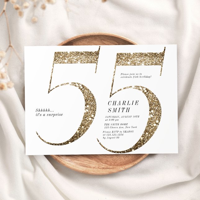 Convites Minúsculo e moderno brilho de ouro fraco 55 anos (Modern minimalist faux gold glitter 55th birthday invitation)