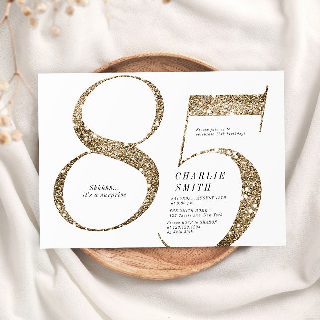 Convites Minúsculo moderno brilho de ouro falso 85 anos (Modern minimalist faux gold glitter 85th birthday invitation)