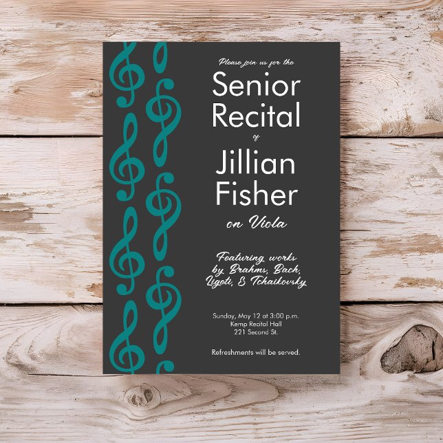 Convites Minúsculo Treble Clef Mais velho Music Considerand (Minimalist treble clef custom music senior recital invitation template by Horn and Castle.)
