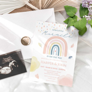 Convites Miracle Baby Pastel Rainbow Clouds Raindrods