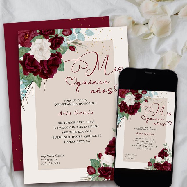 Convites Mis Quince Anos Burgundy Ivory Floral Quinceanera (Mis Quince anos invitation from my Royal Roses collection
)