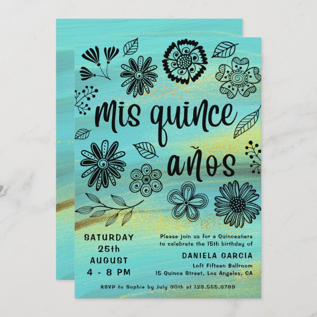 Convites Mis Quince Años Chic Turquoise Floral Quinceañera (Frente/Verso)
