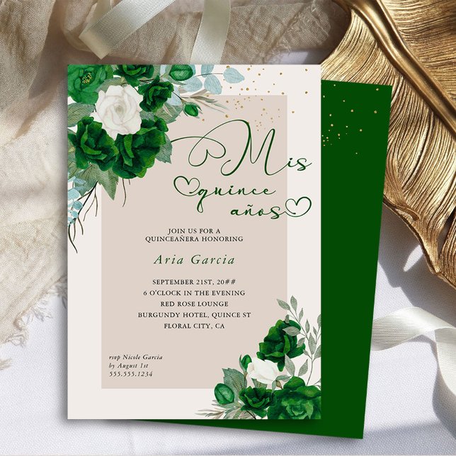 Convites Mis Quince Anos Emerald Green Floral Quinceanera (Mis Quince Anos Invitation from the Royal Rose Emerald Green Quinceanera Collection by Darling & May)