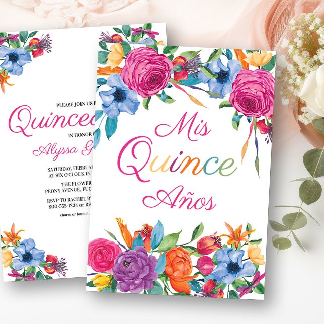 Convites Mis Quince Anos Fiesta Flowers White Quinceanera (Mis Quince Invitation from my Fiesta Flowers Quinceanera Collection)