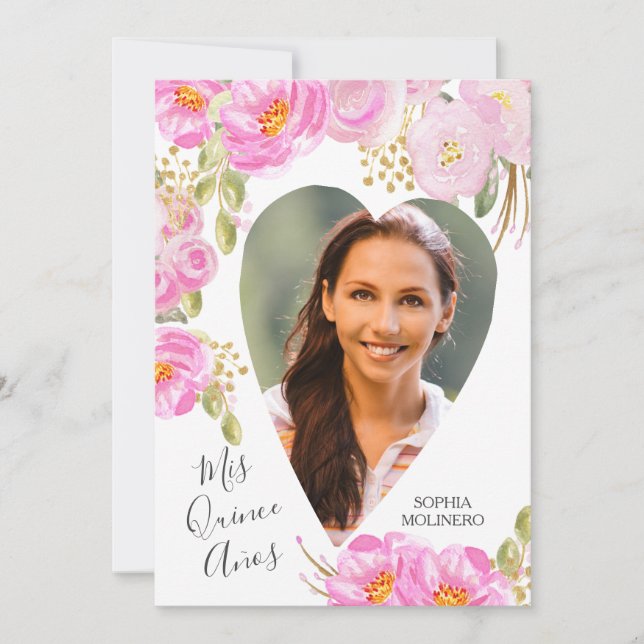 Convites Mis Quince Anos Foto Rosa Dourada Quinceanera (Frente)