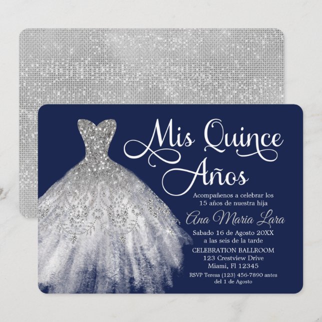 Convites Mis Quince Años Invitación de Quinceañera Azul (Frente/Verso)