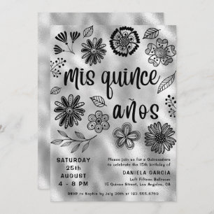 Convites Mis Quince Años Modern Silver Floral Quinceañera