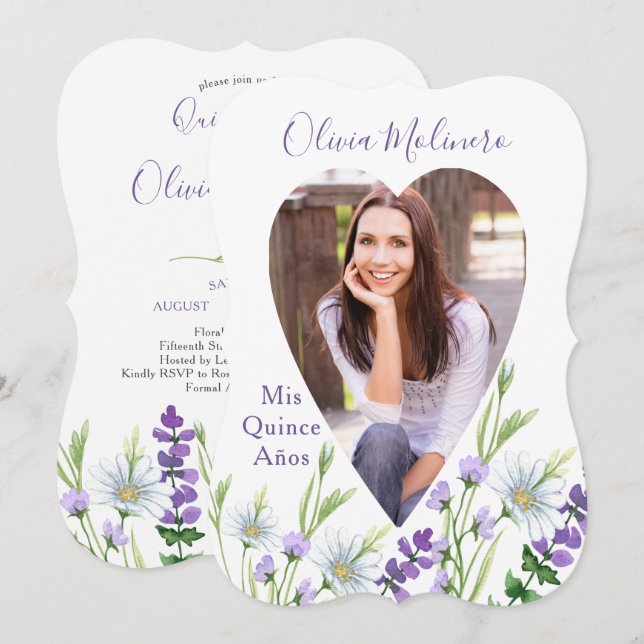 Convites Mis Quince Anos Photo Purple Floral Quinceanera (Frente/Verso)
