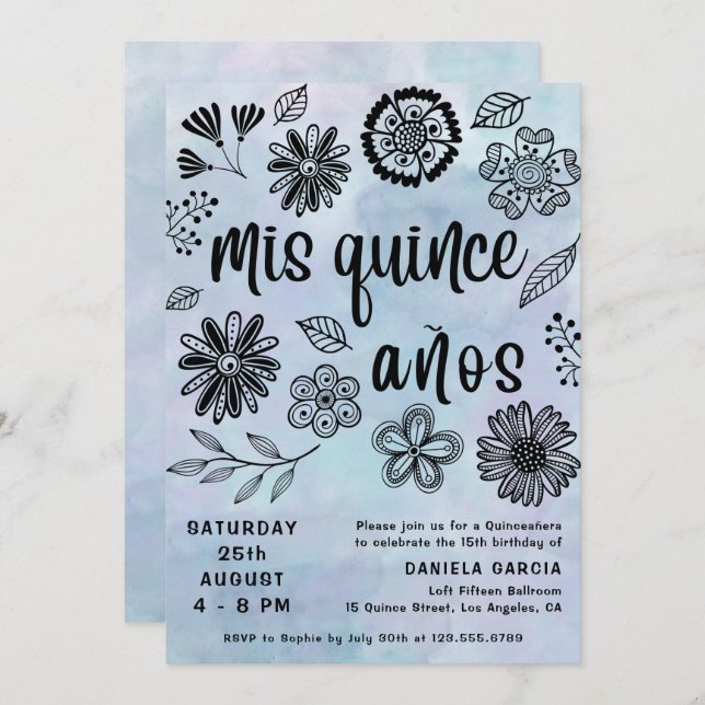 Convites Mis Quince Años Watercolor Blue Quinceañera (Frente/Verso)