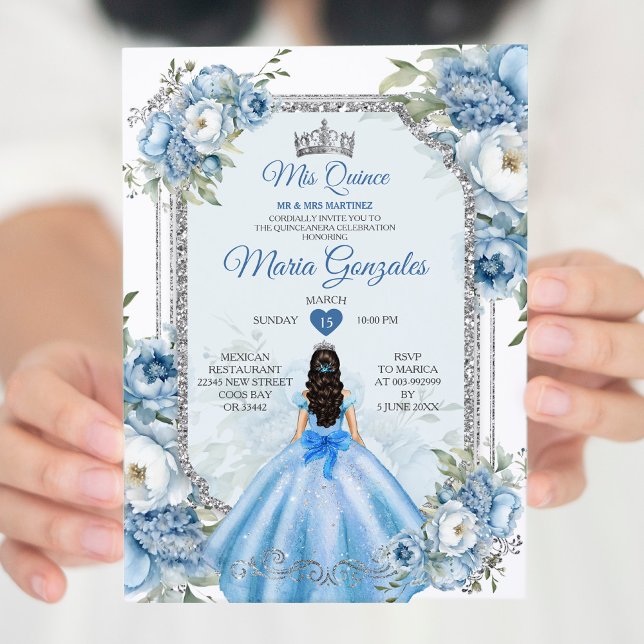 Convites Mis Quince Blue Floral Silver Crown Quinceañera (Criador carregado)