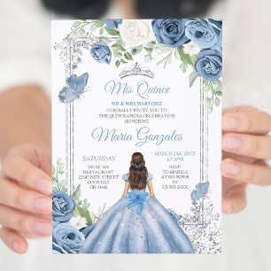 Convites Mis Quince Dusty Blue & Silver Floral Quinceañera