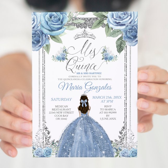 Convites Mis Quince Dusty Blue & Silver Floral Quinceañera (Criador carregado)