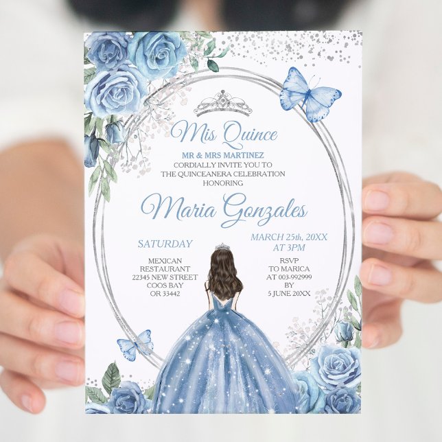 Convites Mis Quince Dusty Blue & Silver Floral Quinceañera (Criador carregado)