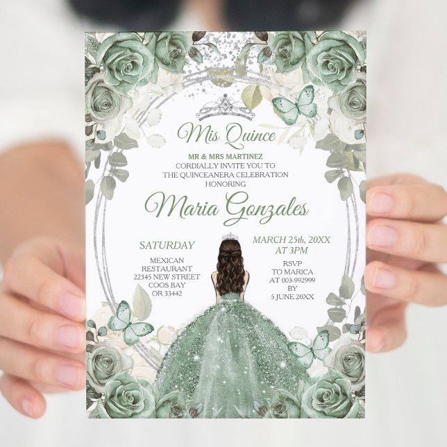 Convites Mis Quince Dusty Green & Silver Floral Quinceañera (Criador carregado)