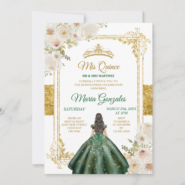 Convites Mis Quince Emerald Green & White Floral Birday (Frente)
