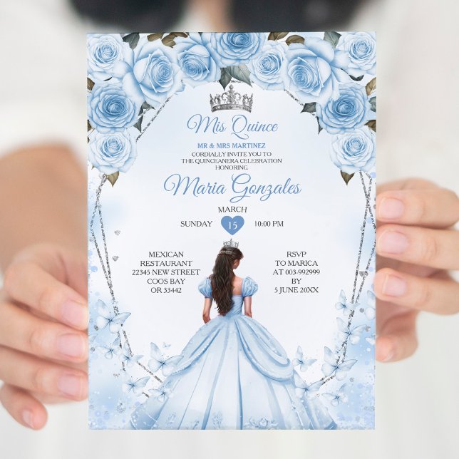 Convites Mis Quince Pó Coroa Floral Azul Quinceañera (Criador carregado)