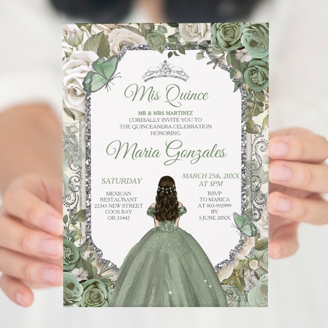 Convites Mis Quince Sage Green & Silver Floral Quinceañera (Criador carregado)