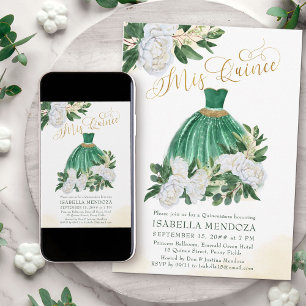 Convites Mis Quince Verde Esmeralda Branco Peônia Quinceane