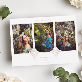 Convites Mis XV Años Español 3 Fotos Efecto Encaje Dorado