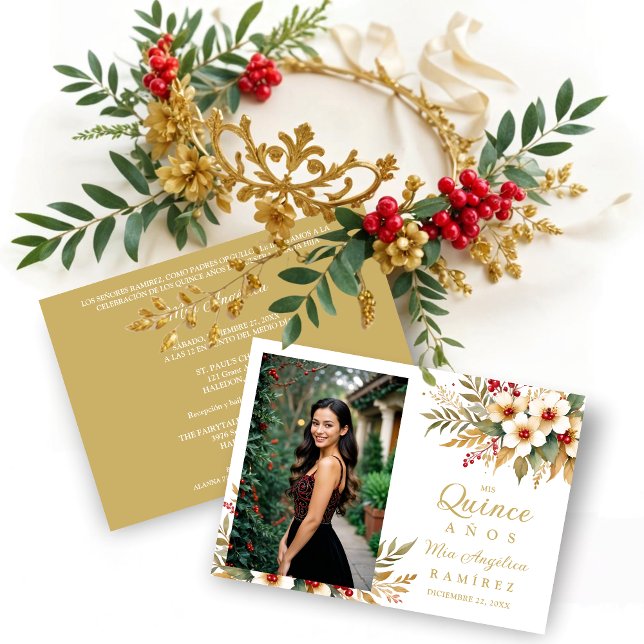 Convites Mis XV Delicate Christmas Spanish Floral Photo  (Delicate ChristmasGold & Red Shades Floral Botanical Bouquets Photo Quinceañera Invitations Cards.)