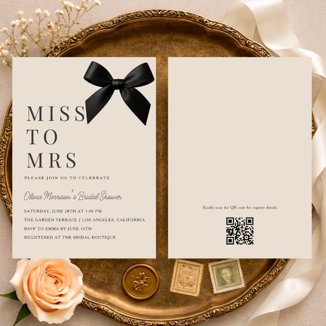 Convites Miss to Mrs Black Bow QR Code Bridal Shower (Criador carregado)