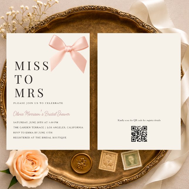 Convites Miss to Mrs Blush Pink Bow QR Code Bridal Shower (Criador carregado)