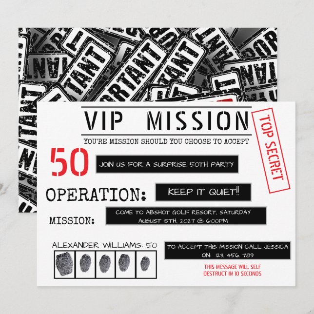 Convites Missão VIP Surpresa 50º Aniversário (Frente/Verso)