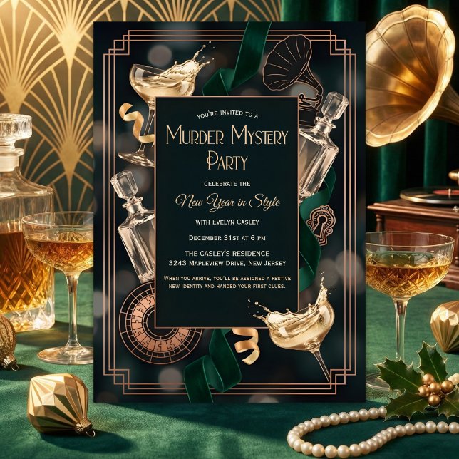 Convites Mistério de Assassinato em Speakeasy Art Deco no A (Speakeasy Murder Mystery New Year – Art Deco Black & Gold, Champagne, Personalized)