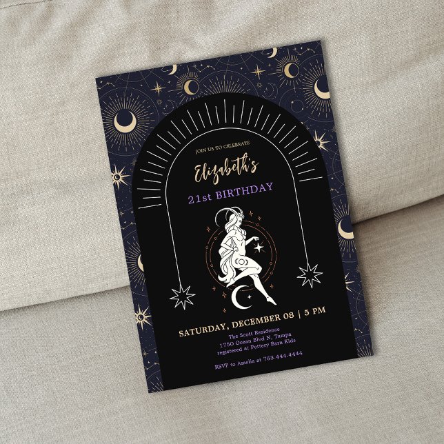 Convites Mística Negra Capricornus Zodiac aniversário de 21 (Black Mystic Capricornus Zodiac 21st Birthday Invitation)