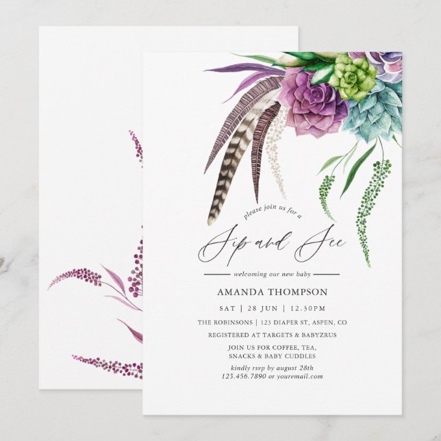 Convites Místico Boho Aquarela Suculenta Beba e Veja (Frente/Verso)
