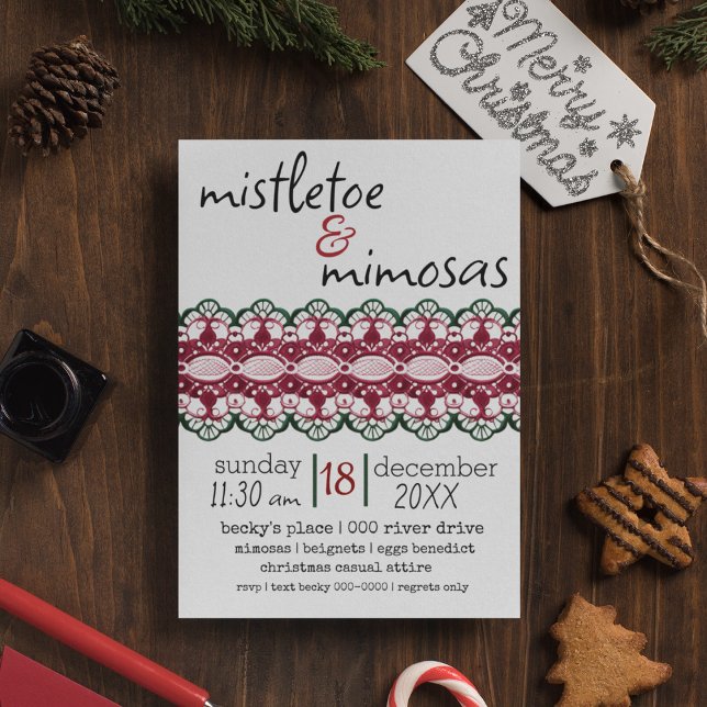 Convites Mistletoe Festa de Férias Mimosas (Mistletoe and mimosas customizable holiday party invitation with lace design. )