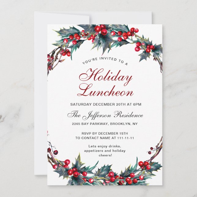 Convites Mistletoe Holly Berry Wreath Holiday Luncheon (Frente)