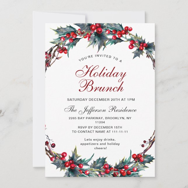 Convites Mistletoe Holly Wreath Natal Brunch (Frente)