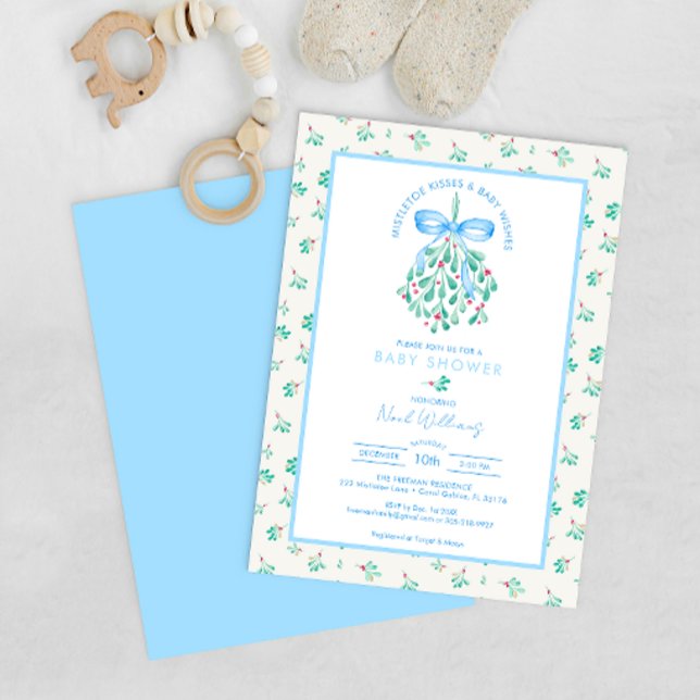 Convites Mistletoe Kisses Chá de fraldas Azul para Menino (Blue ribbon winter baby mistletoe kisses baby shower)