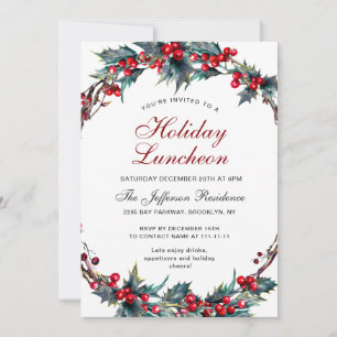 Convites Mistletoy Holly Berry Wreath Holiday Luncheon