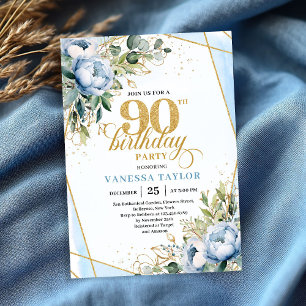 Convites Mistura floral dourada azul pálido para 90º aniver