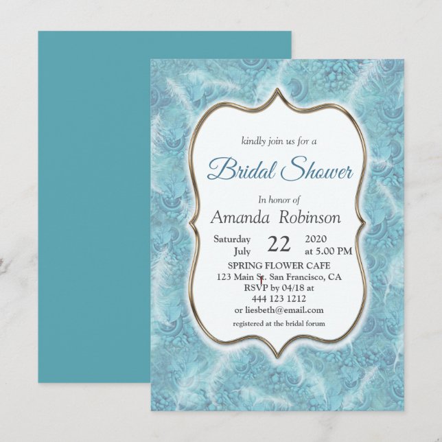 Convites Misturar Padrão Azul, Penas e quadro Dourado (Frente/Verso)