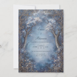 Convites Misty Blue Enchanted Forest Gold Filigree Wedding