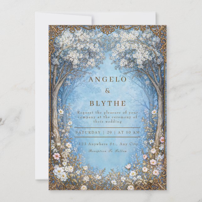 Convites Misty Blue Enchanted Forest Gold Frame Wedding (Frente)