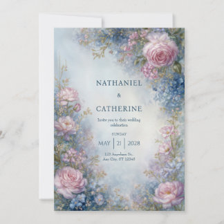 Convites Misty Blue Ethereal Rose Border Wedding
