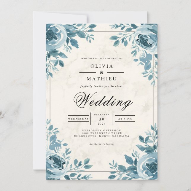 Convites Misty Blue Floral Accent Wedding (Frente)