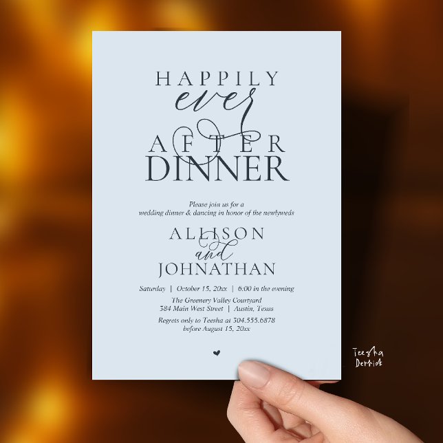 Convites Misty Blue Happily Ever After Dinner Wedding (Happily Ever After Dinner Modern Script Wedding Invitation Card in Misty Blue)