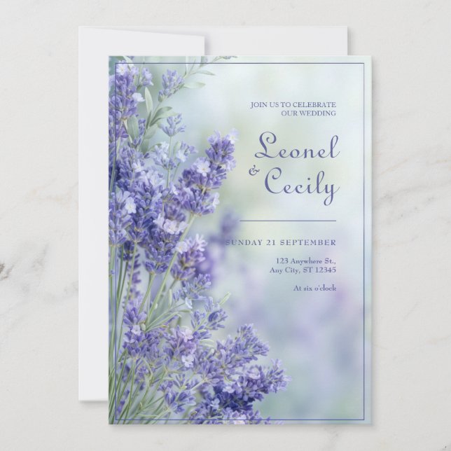 Convites Misty Blue Romantic Lavender Frame (Frente)