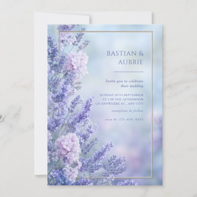 Convites Misty Blue Romantic Lavender Gold Frame Wedding (Frente)