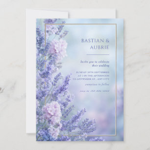 Convites Misty Blue Romântico Lavanda Dourado Quadro Casame