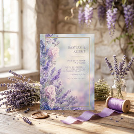 Convites Misty Blue Romântico Lavanda Dourado Quadro Casame