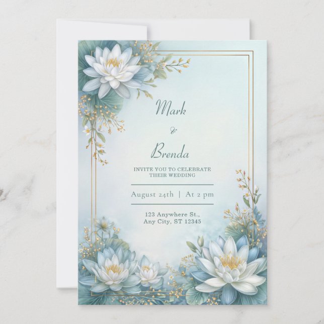 Convites Misty Blue Water Lily Gold Frame Wedding (Frente)