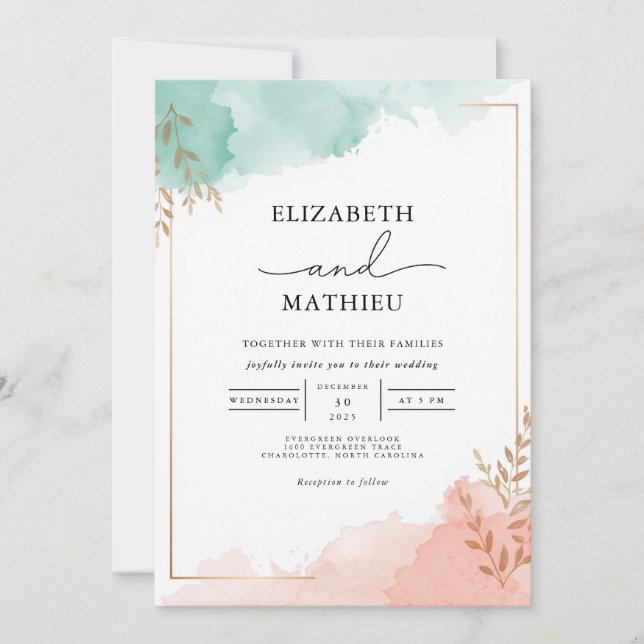 Convites Misty Teal Peach Watercolor Wedding (Frente)